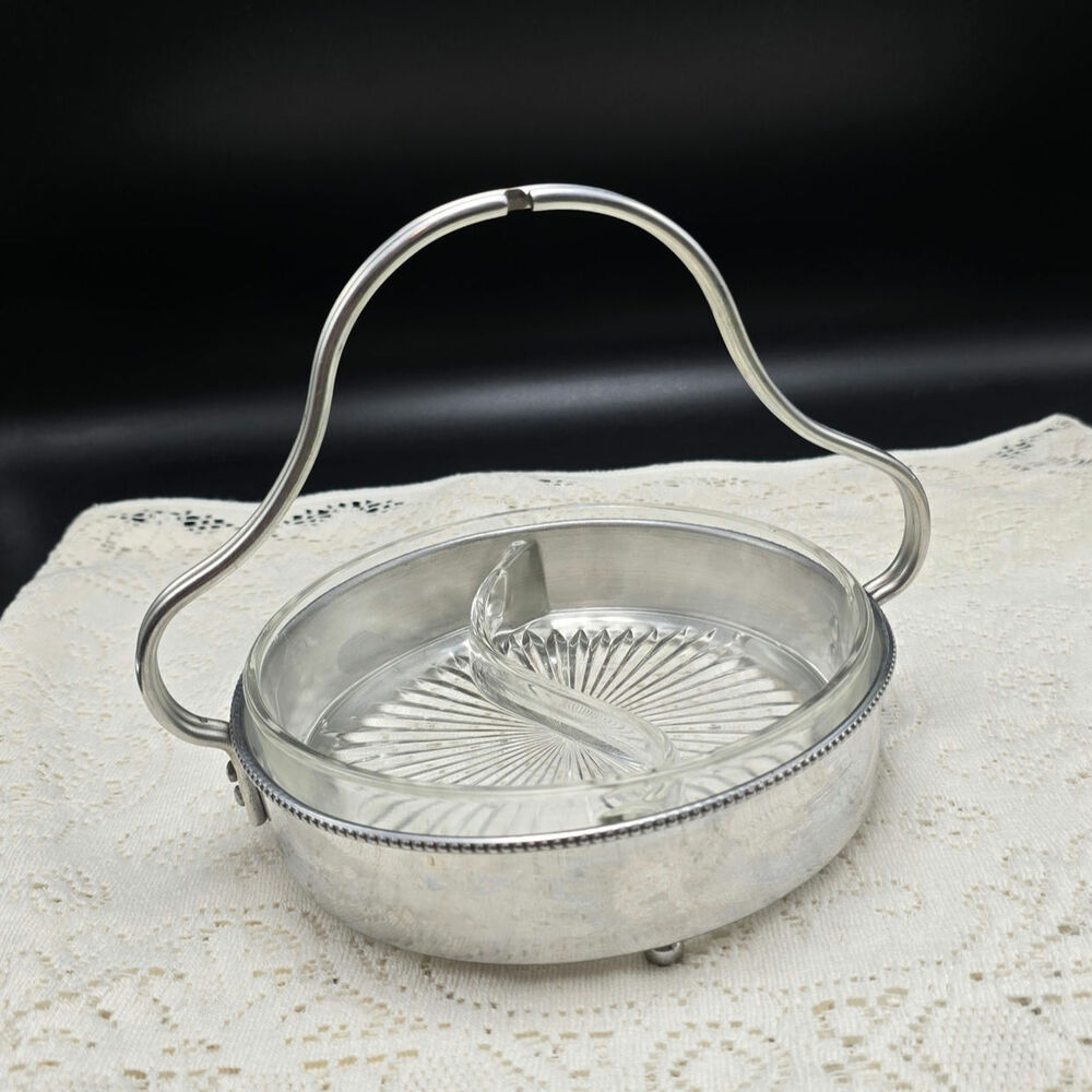 Vintage Aluminum Frame Divided Glass Relish Dish no handle